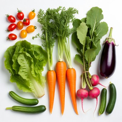 Fresh vegetables arranged on white background