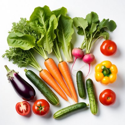 Fresh vegetables arranged on white background