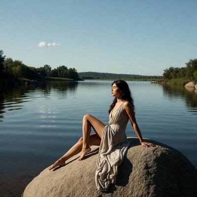 Asian woman in dress on riverside rock