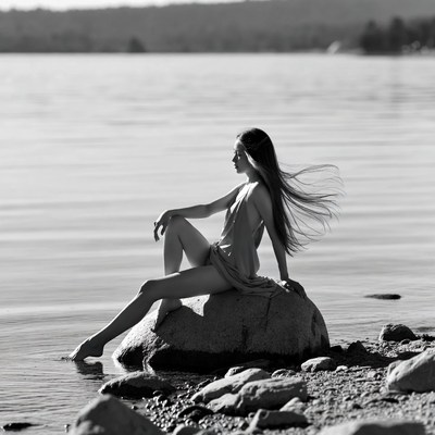 Woman sitting on rock by lake