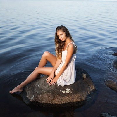 Young woman sitting on rock in lake