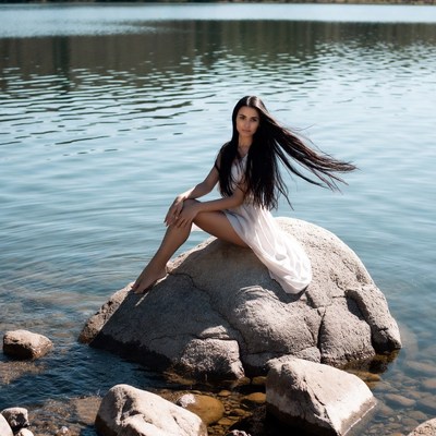 Woman sitting on rock by lake