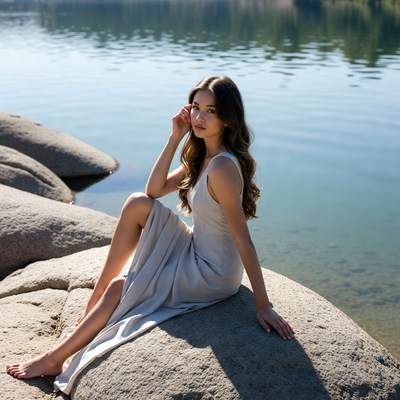 Young woman in white dress by lake