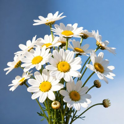 Bouquet of white daisies on blue background