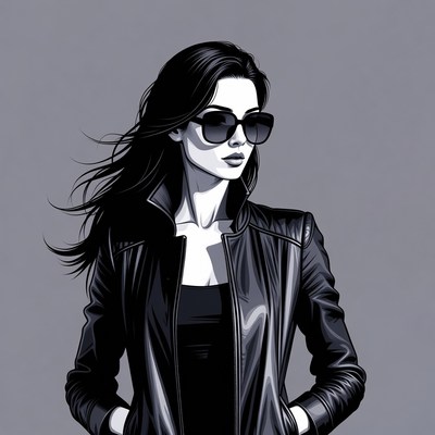 Woman in leather jacket with sunglasses