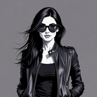 Woman in leather jacket with sunglasses