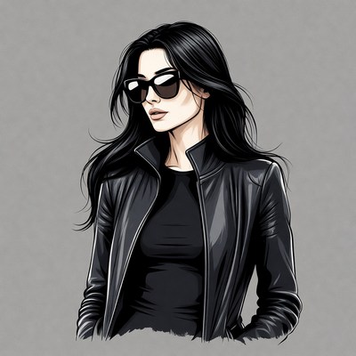 Woman in black leather jacket sunglasses
