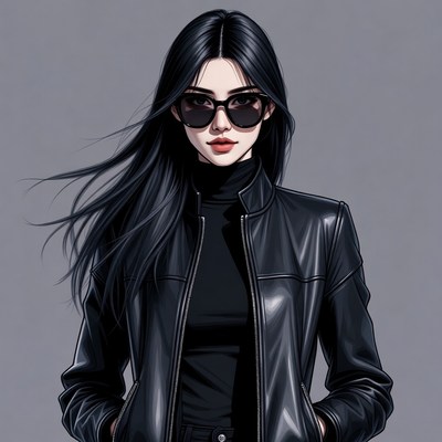 Asian woman in black leather jacket