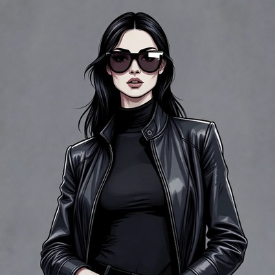 Woman in black leather jacket and sunglasses