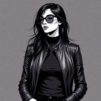 Woman in black leather jacket sunglasses