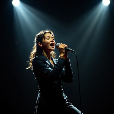 Woman singing on stage with spotlight