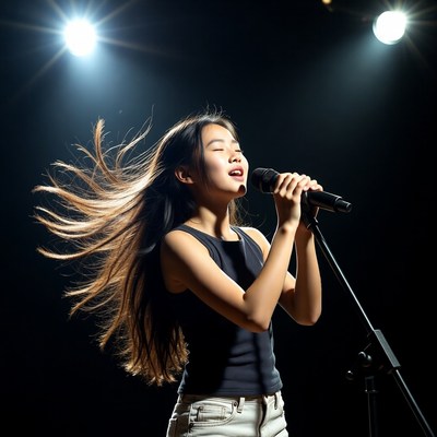 Asian girl singing on stage
