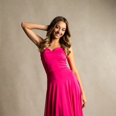 Smiling woman in pink dress posing