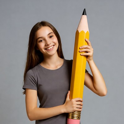 Girl holding giant yellow pencil