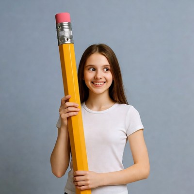 Girl holding giant pencil