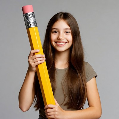 Girl holding giant yellow pencil
