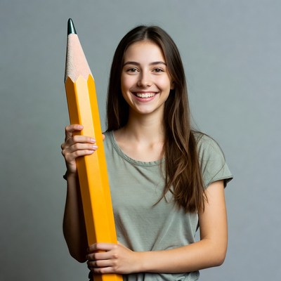 Girl holding giant pencil
