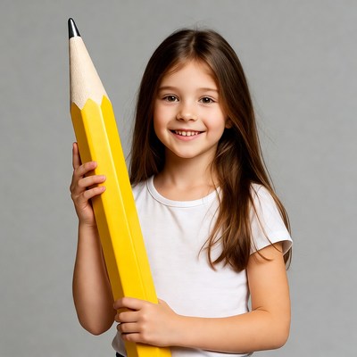 Girl holding giant yellow pencil