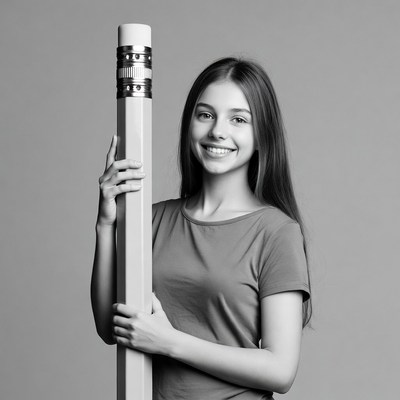 Girl holding giant pencil