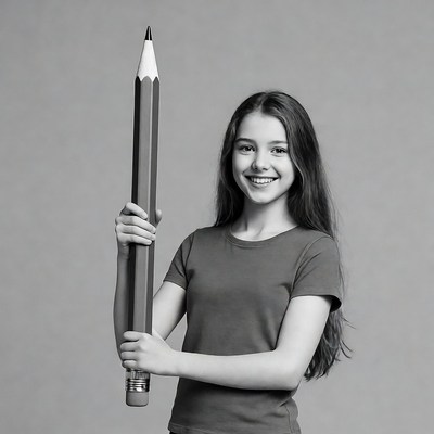 Girl holding giant pencil