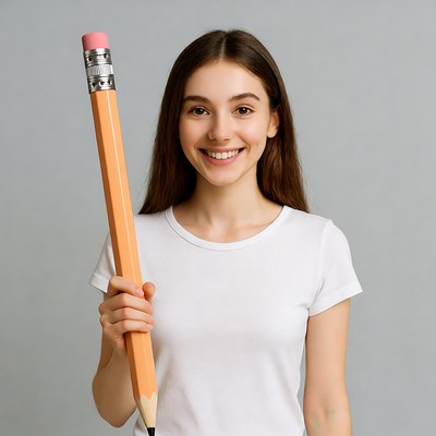 Young woman holding giant pencil