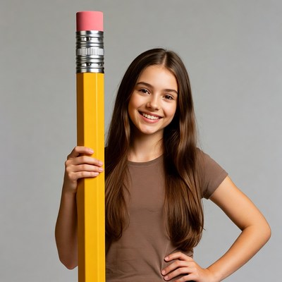 Girl holding giant pencil