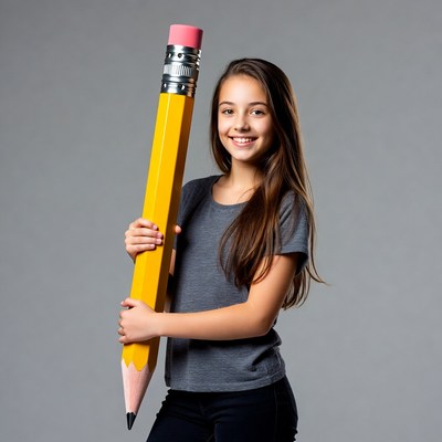 Girl holding giant pencil