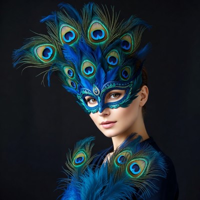 Woman wearing peacock feather mask