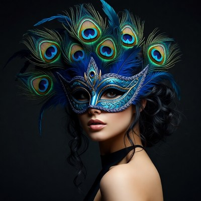 Woman wearing peacock feather mask