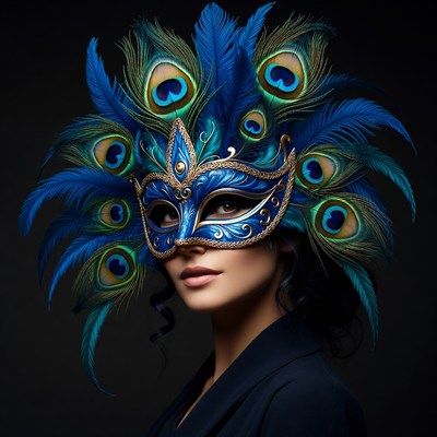 Woman wearing peacock feather mask