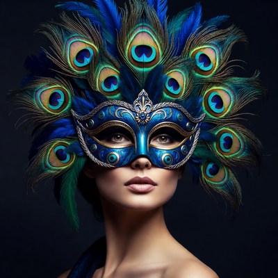 Woman in Blue Peacock Feather Mask
