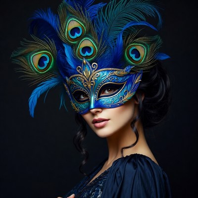 Woman in Blue Peacock Feather Mask