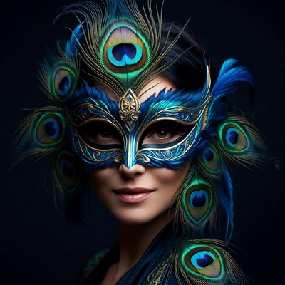 Woman wearing peacock feather mask