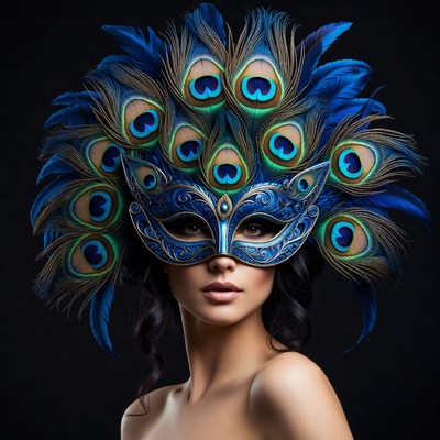 Woman wearing peacock feather mask