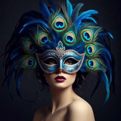Woman wearing peacock feather mask