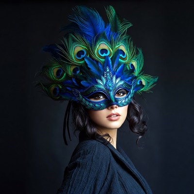 Woman wearing peacock feather mask