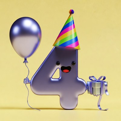 Cartoon 4 holding balloon and gift