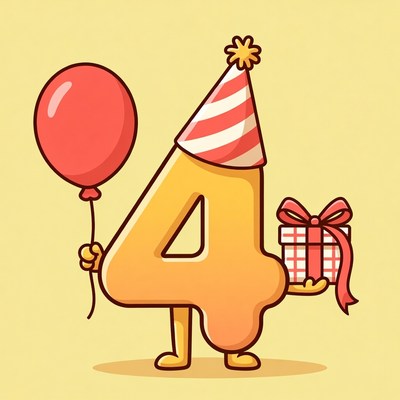 Number 4 with balloon and gift