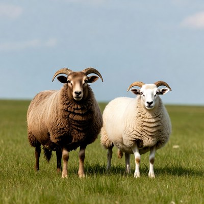 Brown and white rams in green field