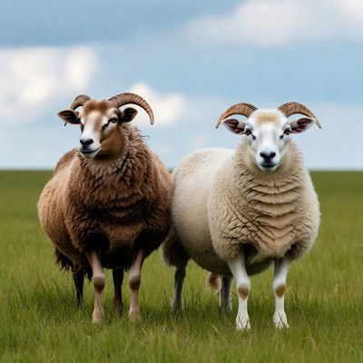 Brown and white rams in green field