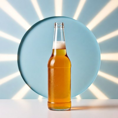Beer Bottle with Foam on Blue Background