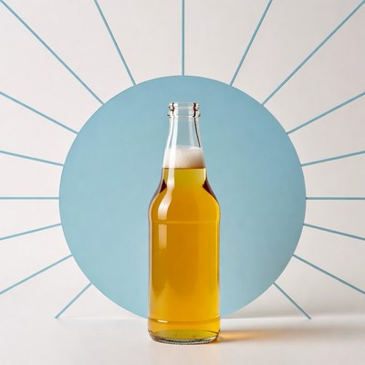 Beer Bottle with Foam on Blue Background