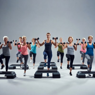 Group of women doing step aerobics