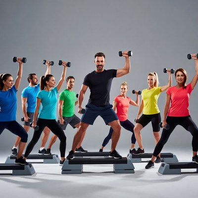 Fitness instructor leading group aerobics class