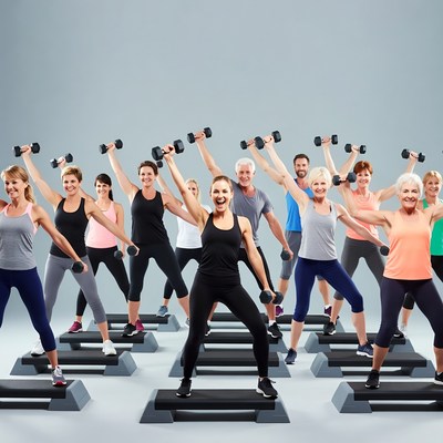 Group Fitness Class Lifting Dumbbells on Steppers