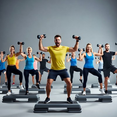Group Fitness Class Doing Step Aerobics