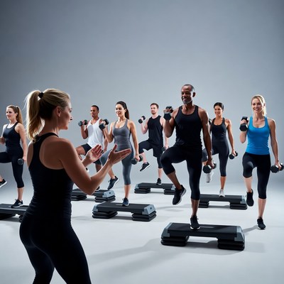 Fitness instructor leading group step aerobics class