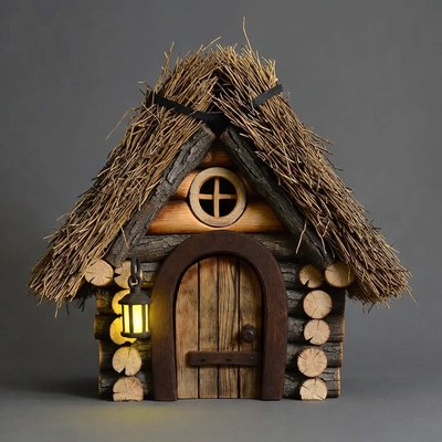 Wooden fairy house with thatched roof