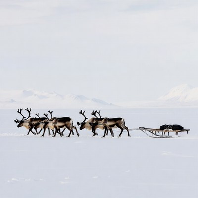 Reindeer Pulling Sled in Snowy Landscape