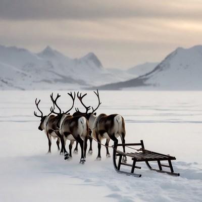 Reindeer Pulling Sled in Snowy Mountains
